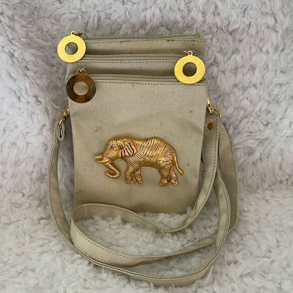 Gold Nylon Crossbody bag with Gold Brass Elephant Attachment & Crystal Eyes - Picture 4 of 11
